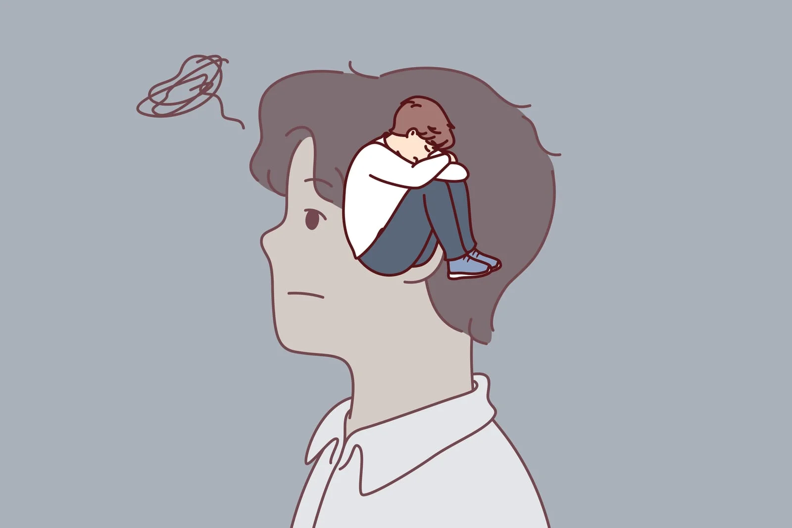 Man experiences stress due to childhood psychological traumas because of crying child in head